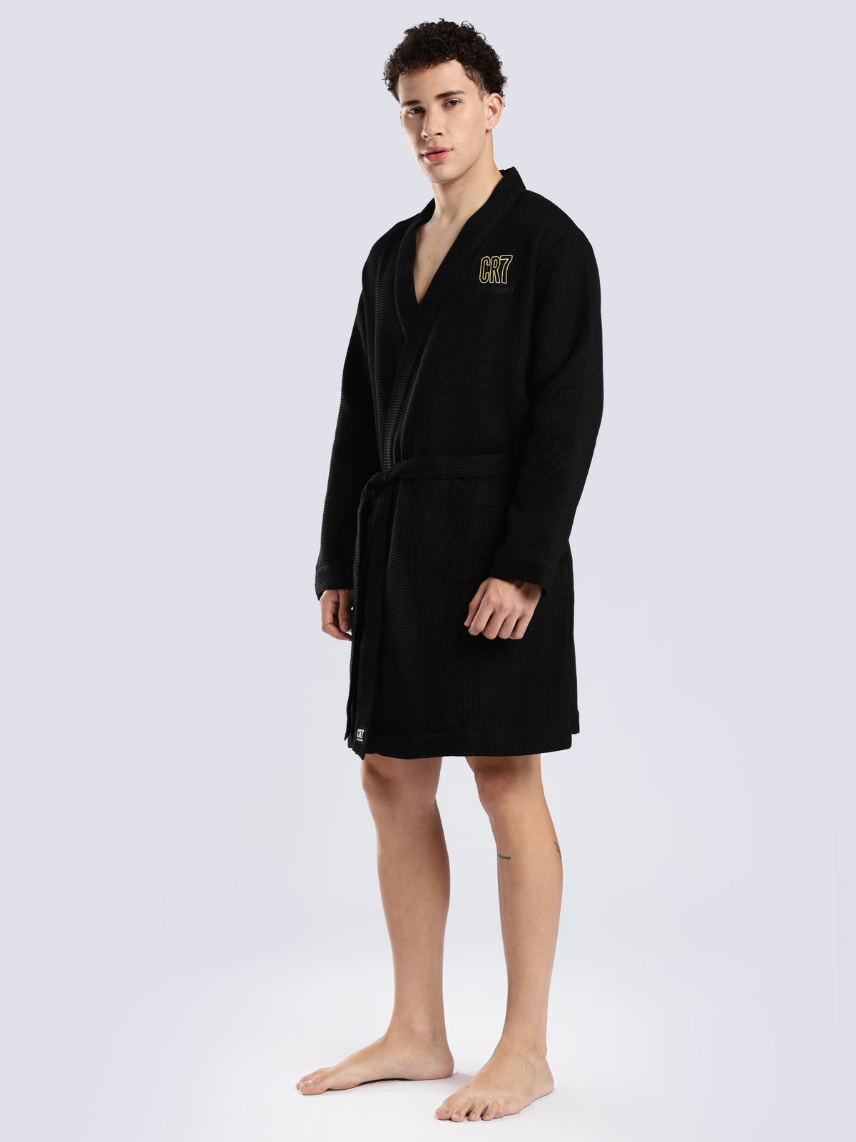 CR7 Men's Waffle Weave Black Bathrobe