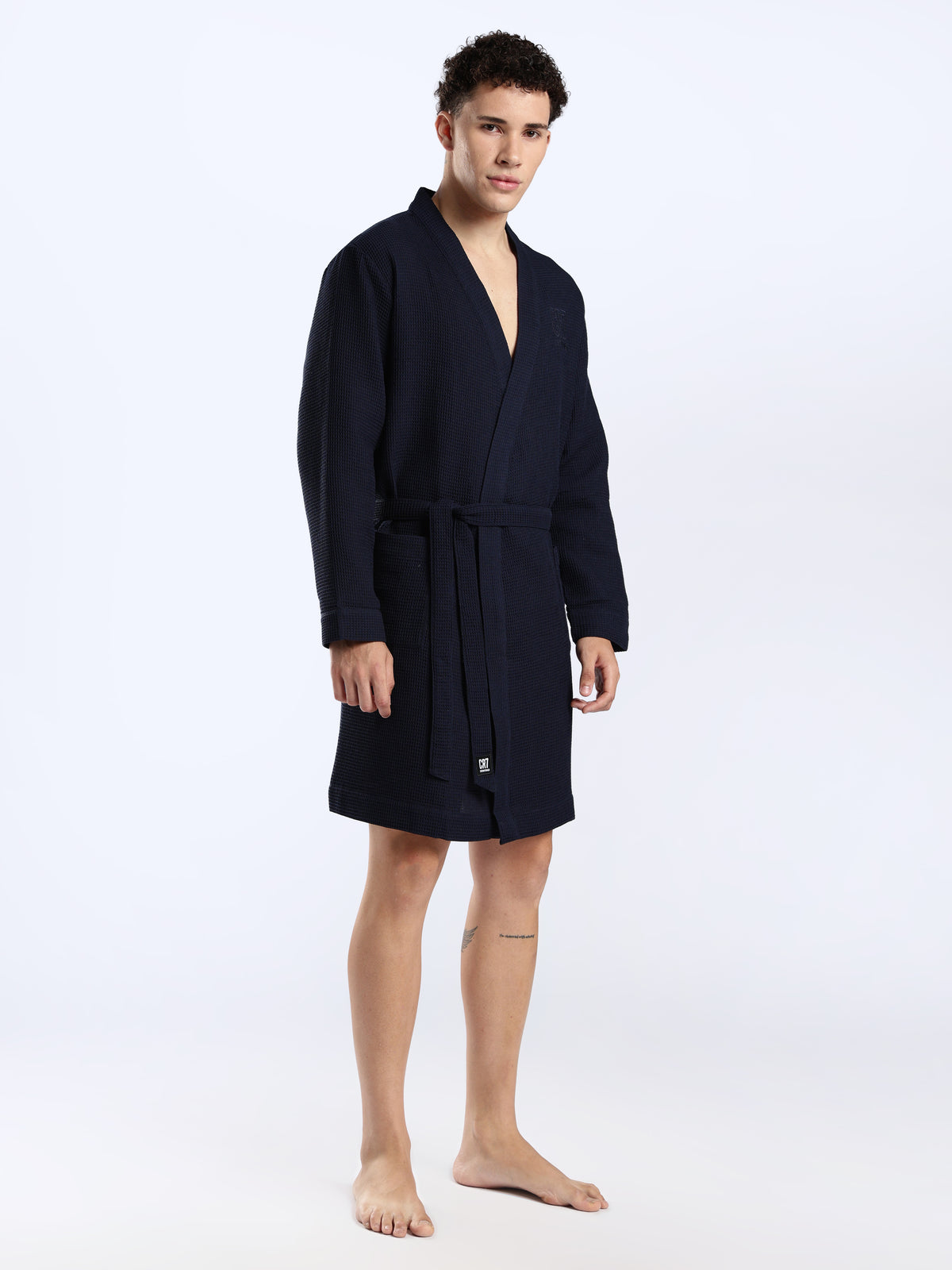 CR7 Men's Waffle Weave Navy Bathrobe