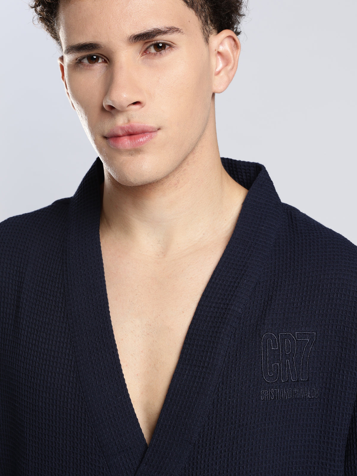 CR7 Men's Waffle Weave Navy Bathrobe