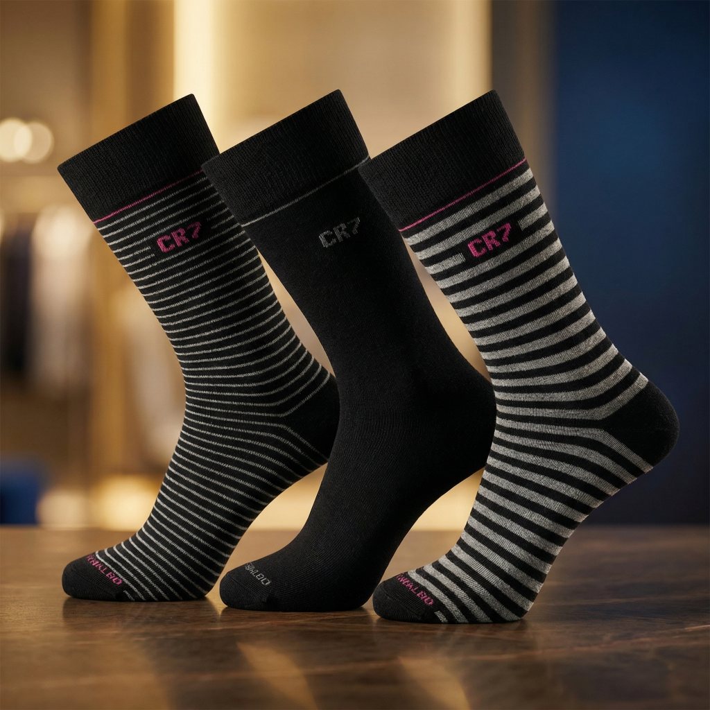 CR7 Cristiano Ronaldo Men’s Premium Crew Socks – Pack of 3 | Soft Cotton, Stylish Stripes & All-Day Comfort