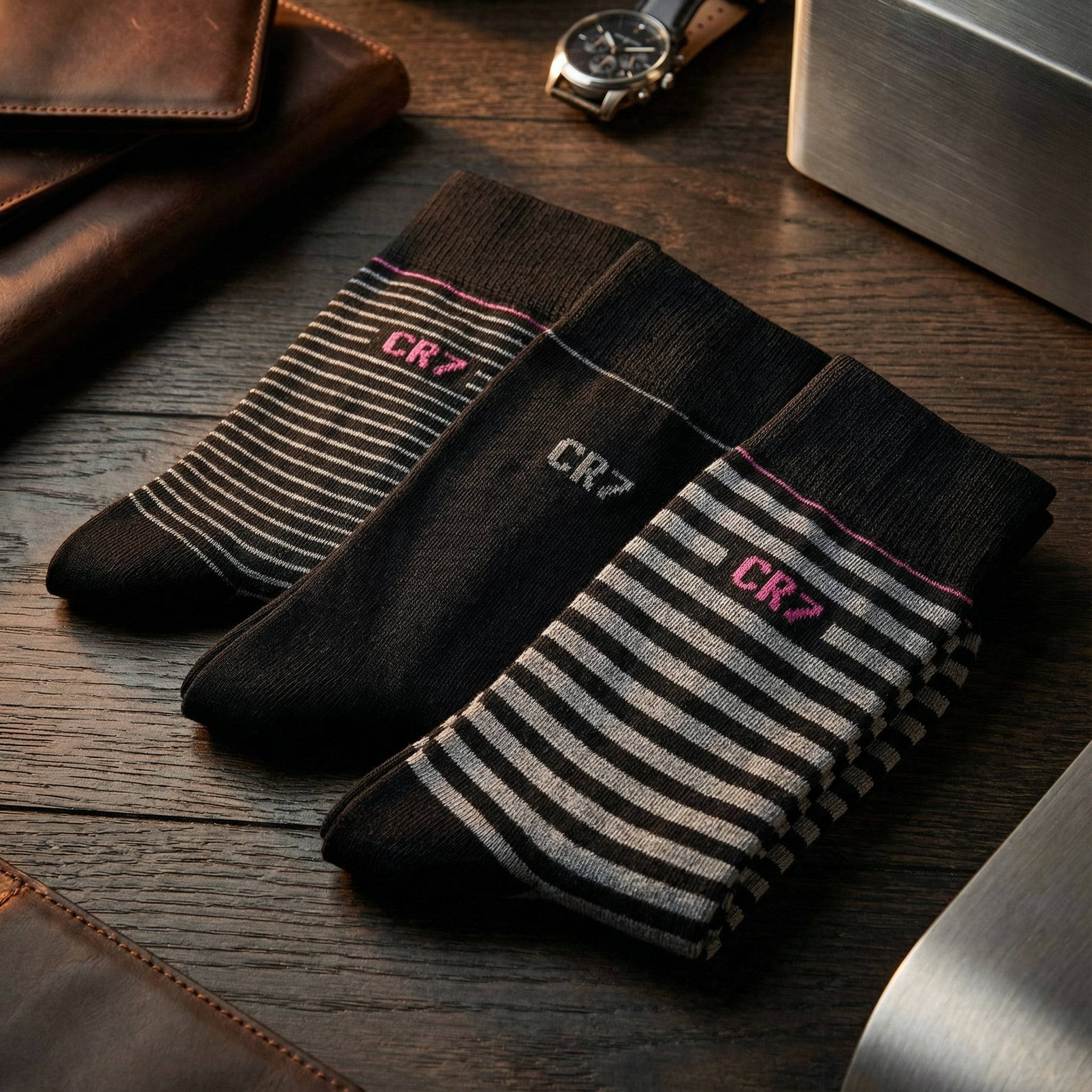 CR7 Cristiano Ronaldo Men’s Premium Crew Socks – Pack of 3 | Soft Cotton, Stylish Stripes & All-Day Comfort