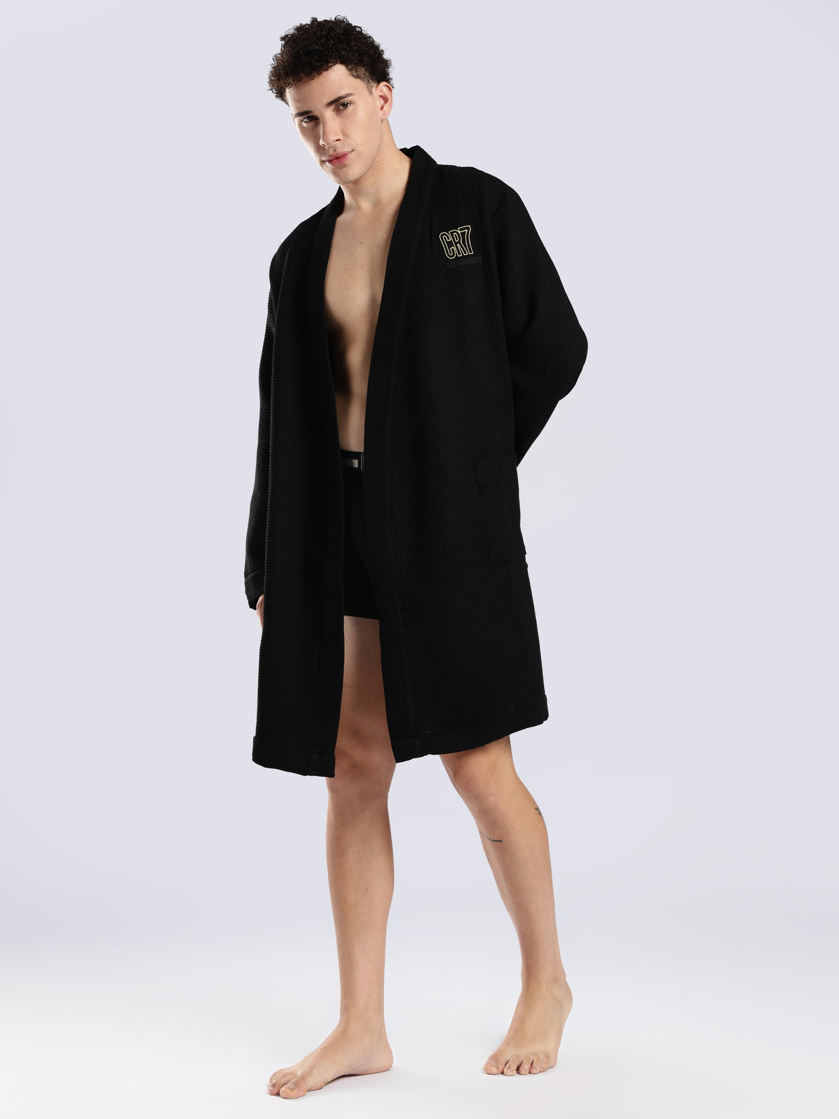 CR7 Men's Waffle Weave Black Bathrobe