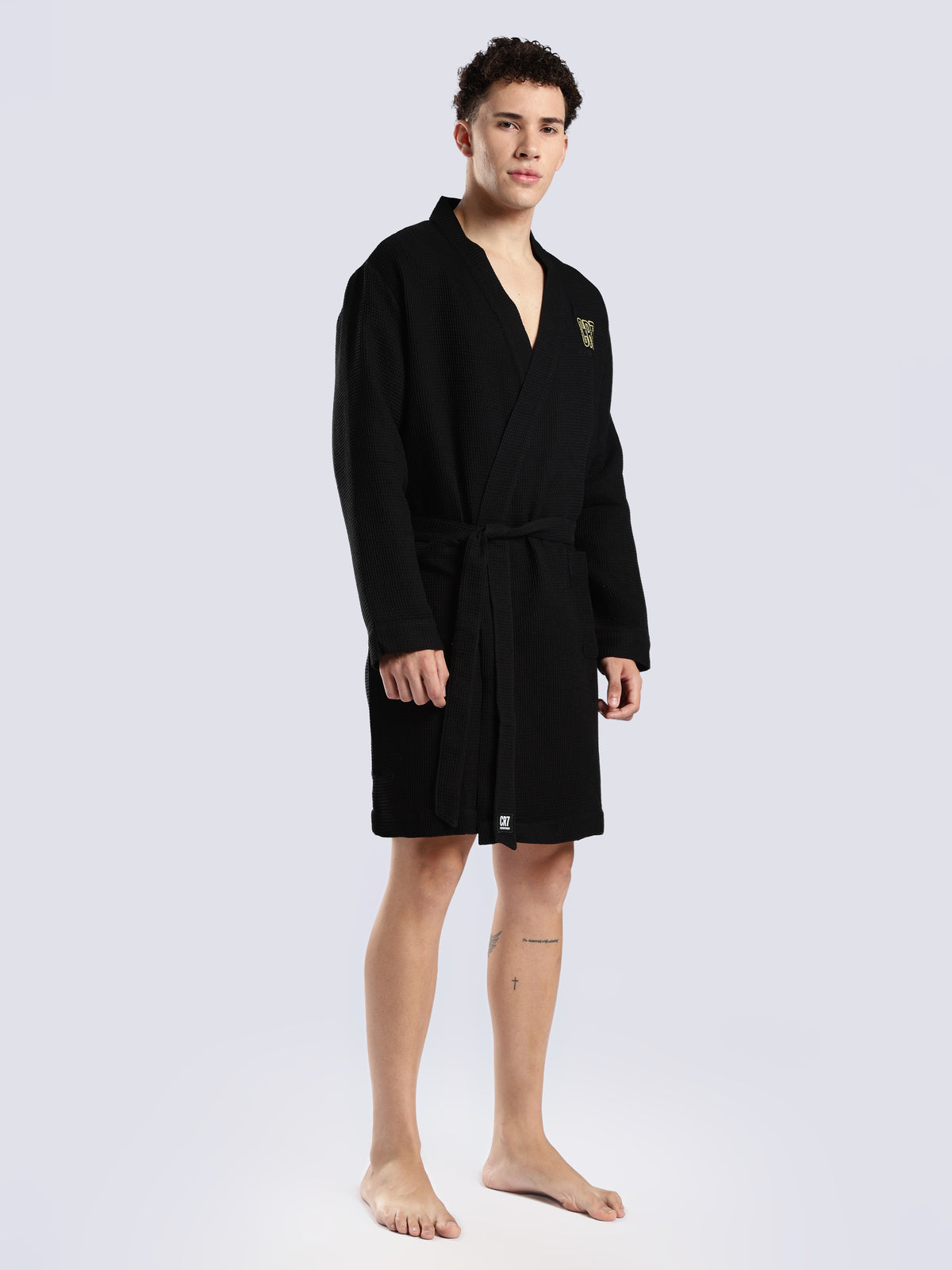 CR7 Men's Waffle Weave Black Bathrobe