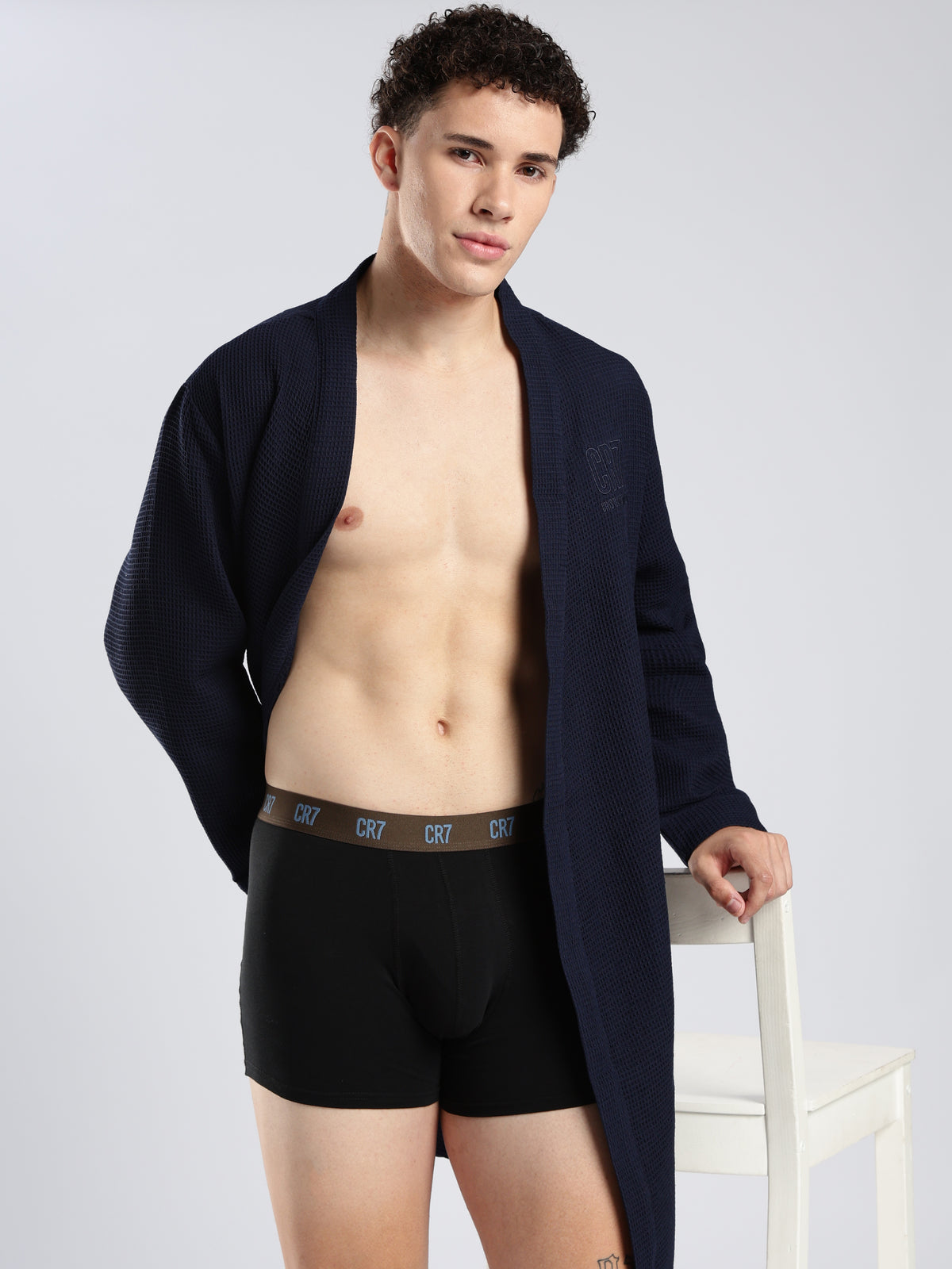 CR7 Men's Waffle Weave Navy Bathrobe