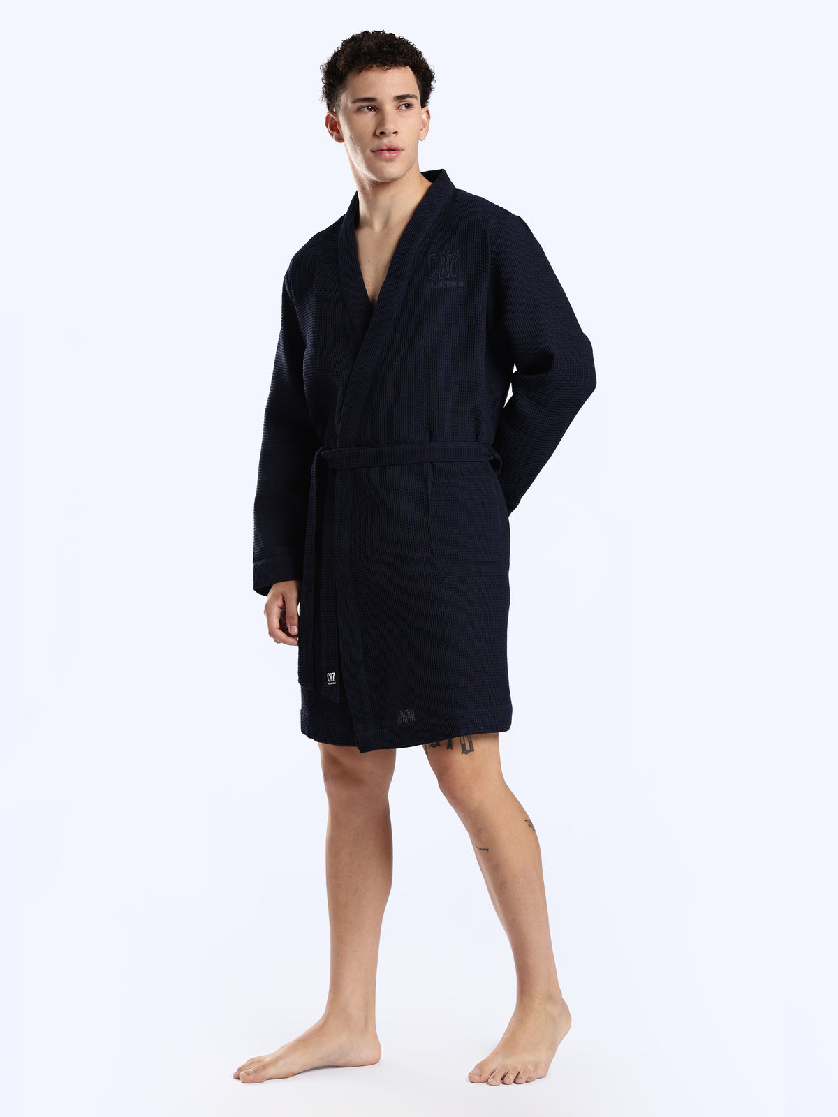 CR7 Men's Waffle Weave Navy Bathrobe