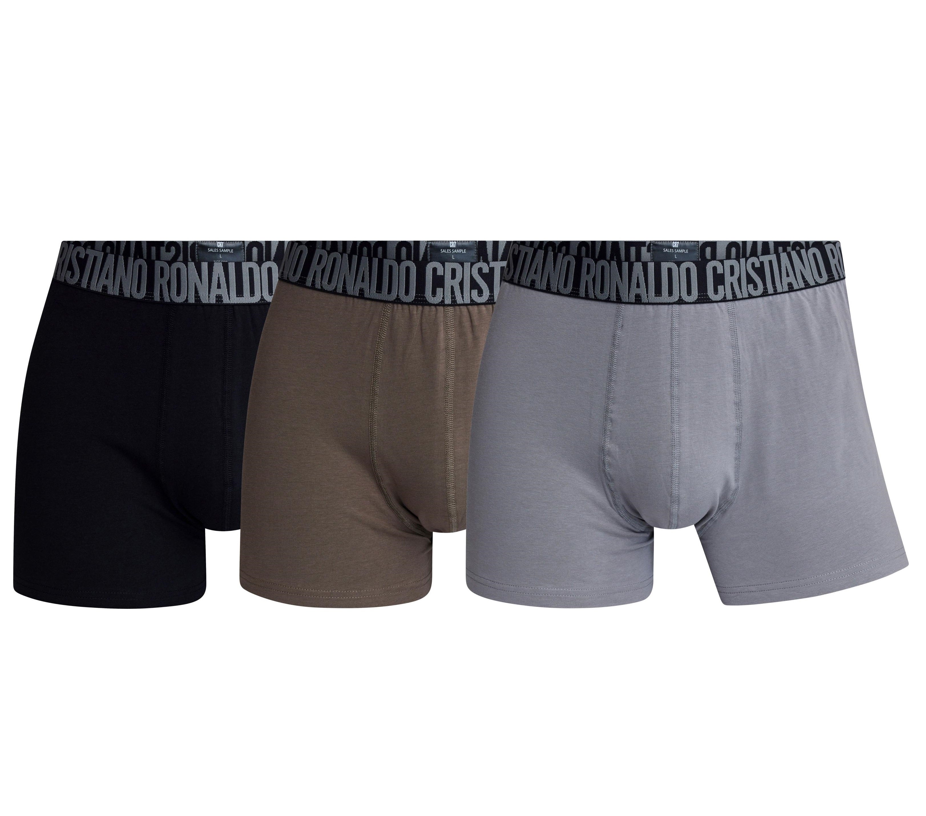CR7 Men’s Premium Cotton Stretch Trunks – Black, Brown & Grey | Pack of 3 | Signature Ronaldo Waistband