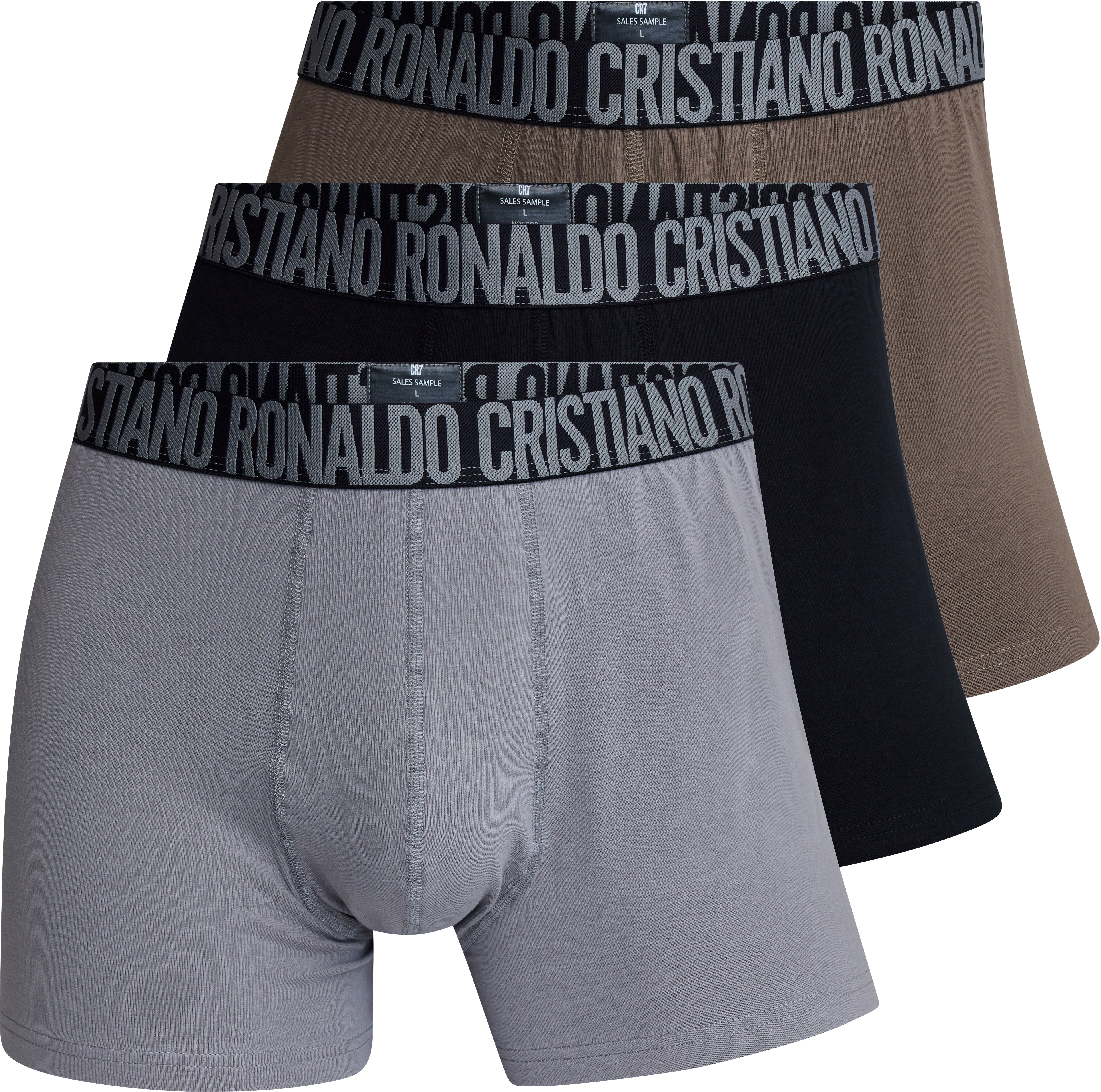 CR7 Men’s Premium Cotton Stretch Trunks – Black, Brown & Grey | Pack of 3 | Signature Ronaldo Waistband