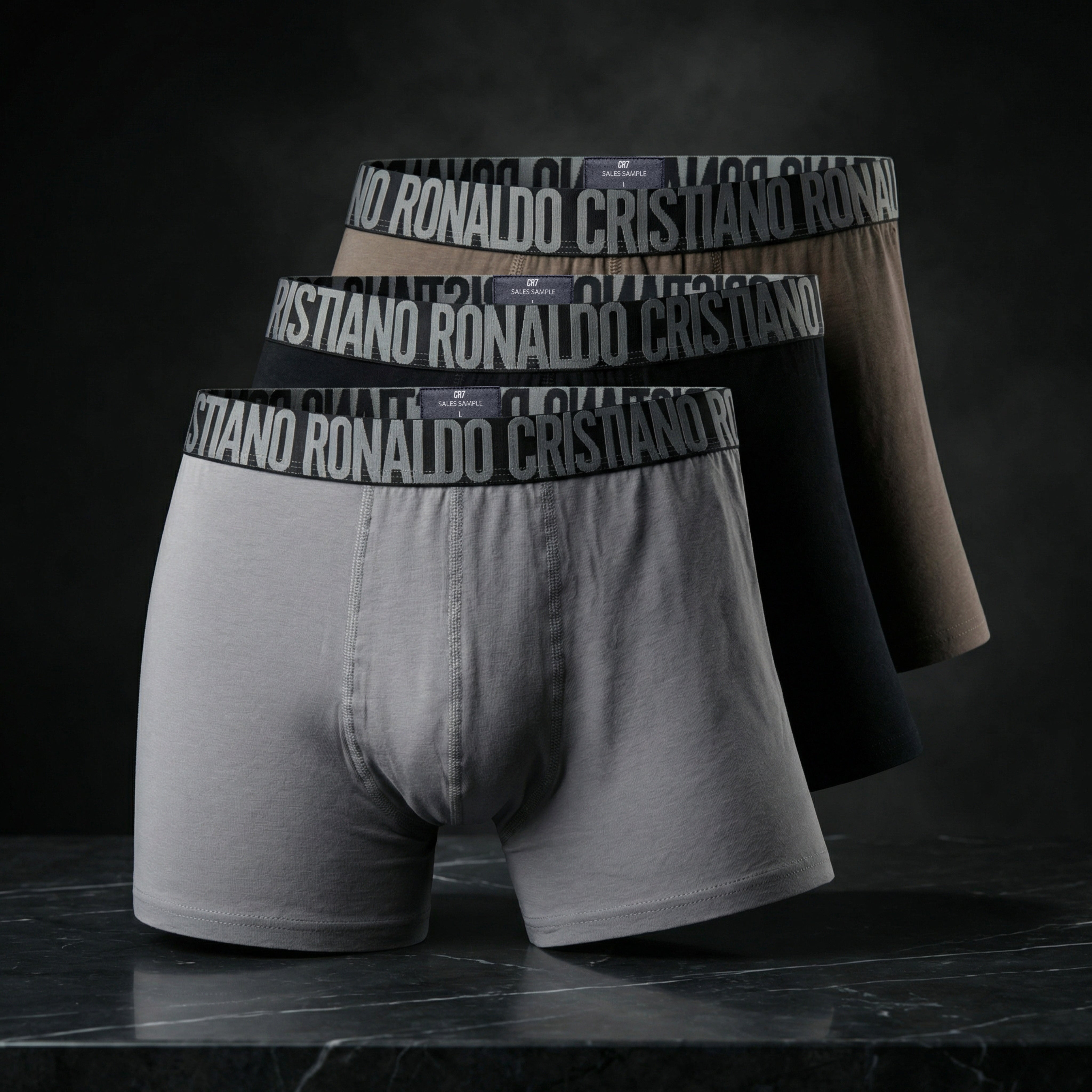 CR7 Men’s Premium Cotton Stretch Trunks – Black, Brown & Grey | Pack of 3 | Signature Ronaldo Waistband